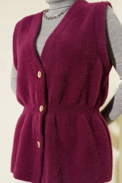 Bel Lastikli Sakallı Triko Yelek Mürdüm - Resim 4