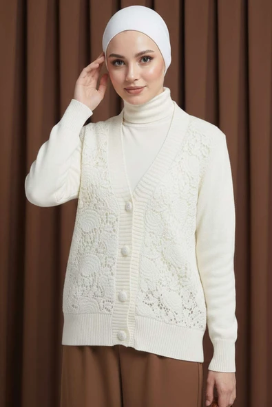 Pullu Dantelli Kısa Triko Hırka Bej ürün görseli