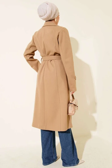 Kruvaze Yaka Kaşe Kaban Latte - Resim 3