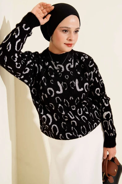 Leopar Desenli Sakallı Kazak Sinfonia Siyah ürün görseli 1