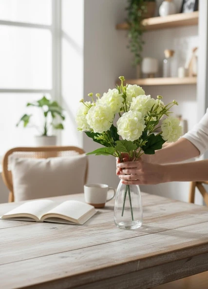 Yapay Çiçek Kartopu Krizantem Beyaz 5Dallı 10toplu Demet 30cm - Resim 5