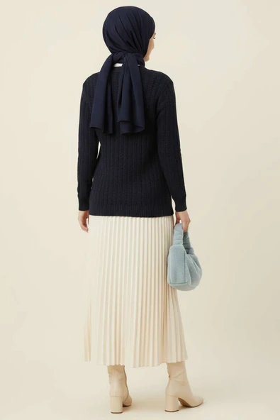 Saç Örgülü Düğmeli Triko Hırka Lacivert - Resim 3