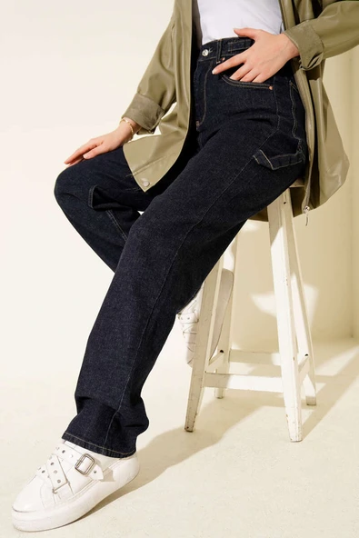 Yan Kemer Tokalı Mom Kot Pantolon Lacivert - Resim 2