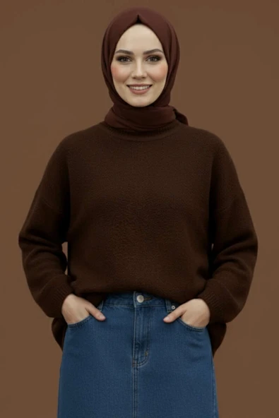 Bisiklet Yaka Basic Sakallı Kazak Kahve - Resim 2