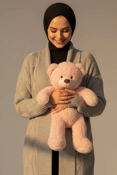 Şal Yaka Örgü Desenli Uzun Triko Hırka Gri - Resim 2