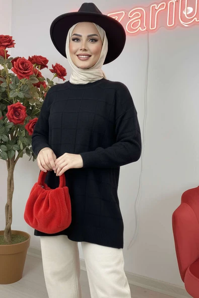 Kare Kabartmalı Yumoş Triko Tunik Siyah ürün görseli 1