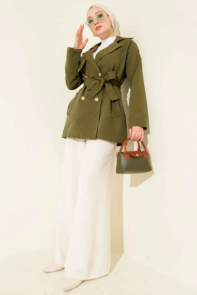 Tek Omuz Apoletli Düğmeli Trençkot Haki - Resim 2