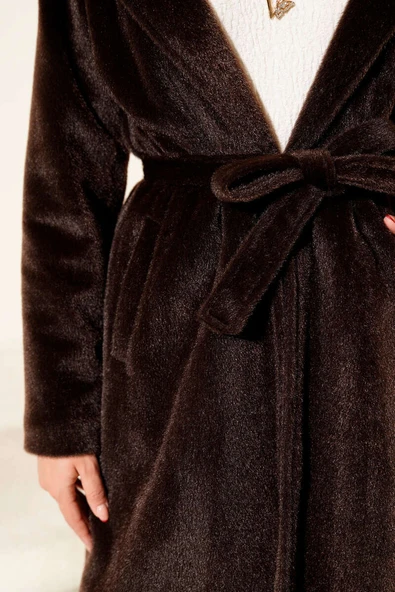 Kuşaklı Bronş Detaylı Kaşe Kaban Acı Kahve - Resim 4