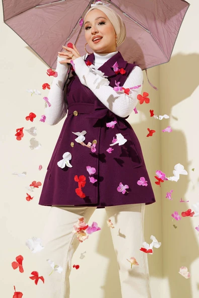 Sıfır Kol Kuşaklı Kaşe Yelek Mor