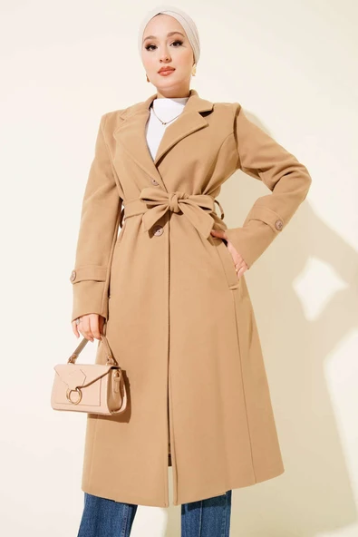 Kruvaze Yaka Kaşe Kaban Latte ürün görseli 1