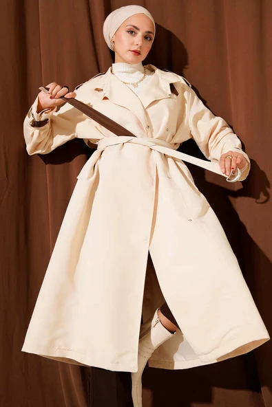 Çıtçıt Düğmeli Deri Detaylı Trençkot Ekru ürün görseli 1