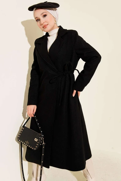 Yan Bağcıklı Kaşe Kaban Siyah