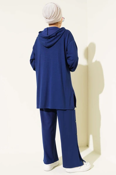 Yanları Metal Düğmeli Kapşonlu İkili Takım Lacivert - Resim 3