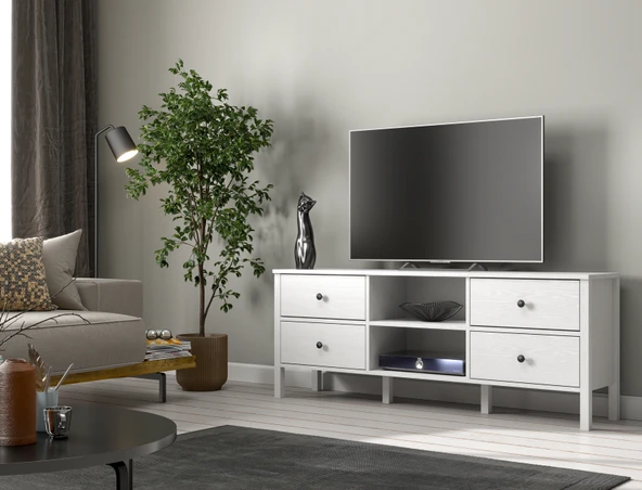 Hunerika Nuva 4 çekmeceli tv ünitesi -Wood Beyaz-Minifiks Bağlantılı