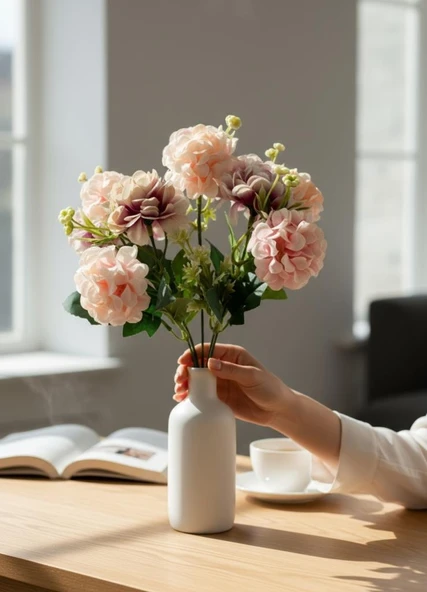 Yapay Çiçek Kartopu Krizantem Pudra Pembe 5Dallı 10toplu Demet 30cm ürün görseli 1