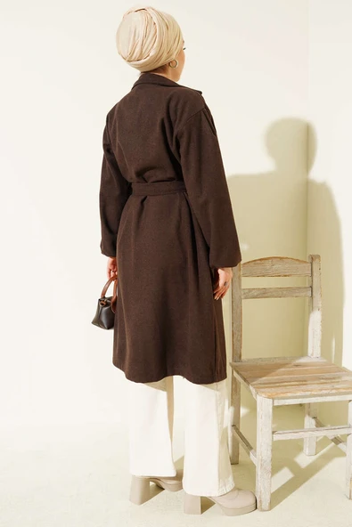 Cepli Kuşaklı Kruvaze Yaka Kaşe Kaban Kahve - Resim 3