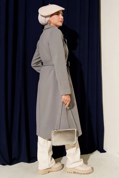 Gold Düğmeli Kuşaklı Kaşe Kaban Gri - Resim 3