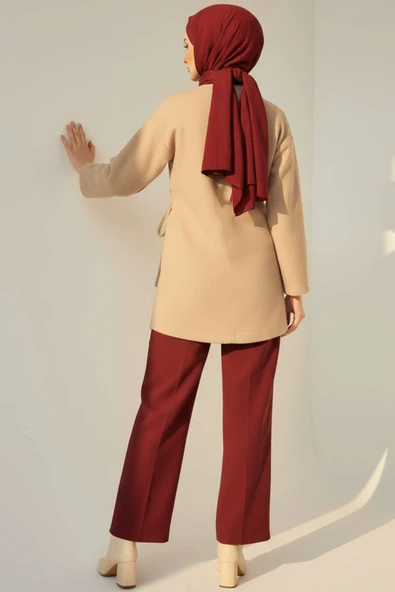 Yan Bağlamalı Kaşe Ceket Bej - 3