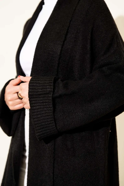 Şal Yaka Uzun Triko Hırka Siyah - Resim 4