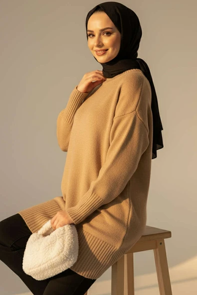 Düşük Omuz Detaylı Triko Tunik Latte ürün görseli