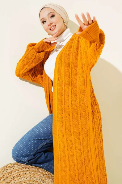 Saç Örgü Uzun Triko Hırka Hardal - Resim 2