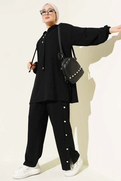 Yanları Metal Düğmeli Kapşonlu İkili Takım Siyah ürün görseli 1