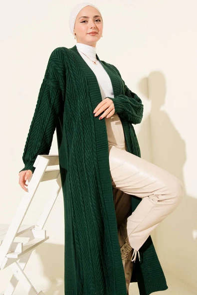 Örgü Büzgülü Uzun Triko Hırka Zümrüt Yeşili - Resim 2