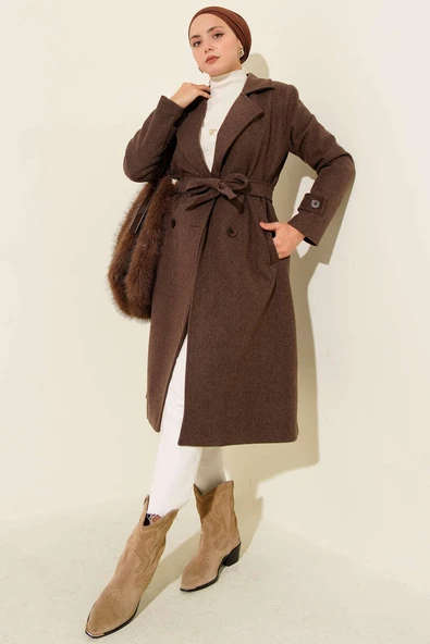 Kruvaze Yaka İki Düğmeli Kaşe Kaban Kahve ürün görseli 1