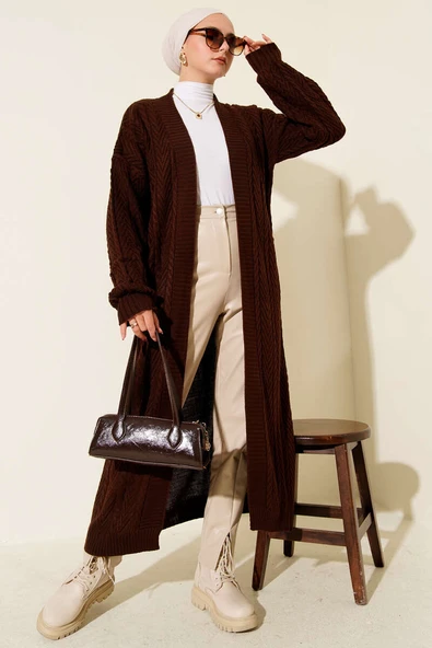 Örgü Büzgülü Uzun Triko Hırka Kahve - Resim 2