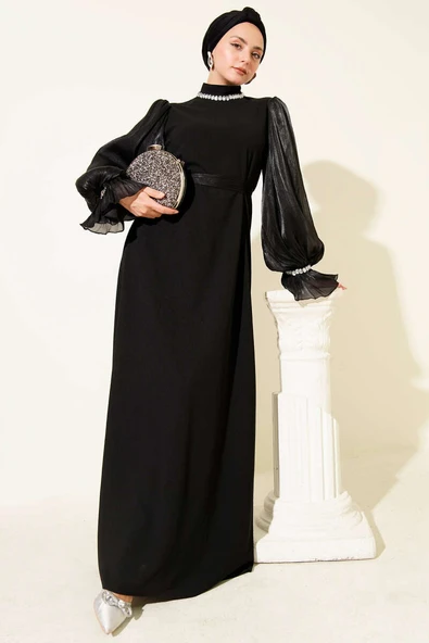 Yaka İnci Detaylı Kuşaklı Abiye Elbise Siyah ürün görseli 1