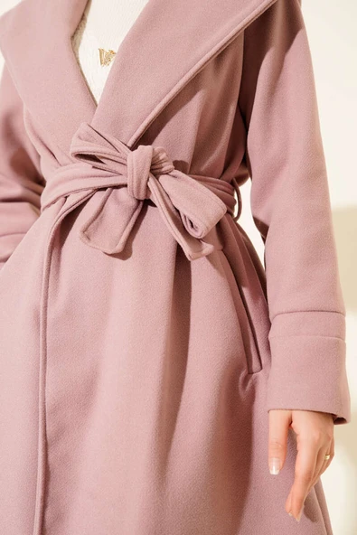 Kapüşonlu Kuşak Detaylı Kaşe Kaban Pudra - Resim 4