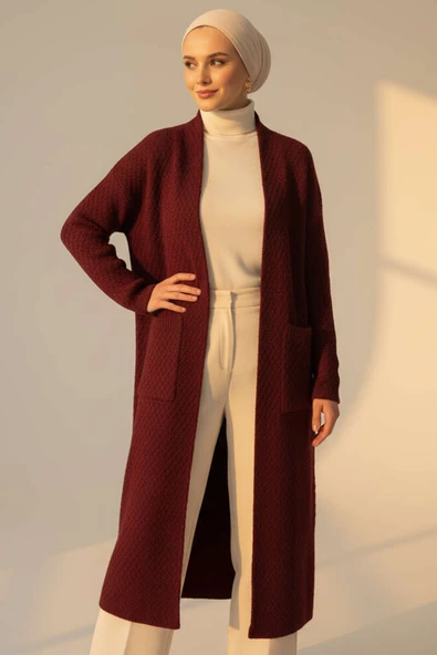 Geniş Cepli Uzun Triko Hırka Bordo ürün görseli