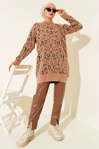 Leopar Desenli Sakallı Tunik Latte - Resim 2