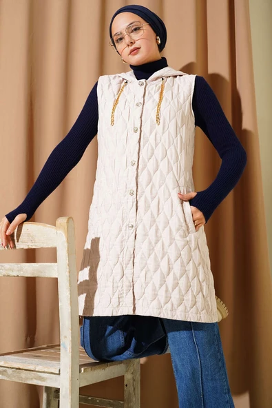 Kapuşonlu Kapitone Kısa Yelek Bej ürün görseli