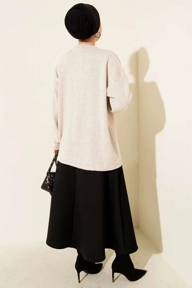 Çiçek İşlemeli Triko Kazak Bej - Resim 3