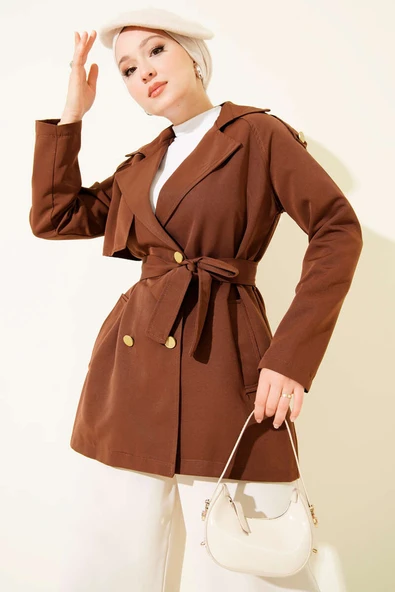 Tek Omuz Apoletli Düğmeli Trençkot Kahve ürün görseli 1