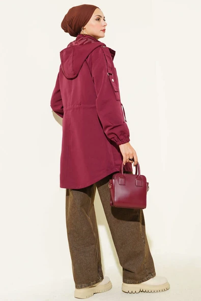Bel Tünelli Kapüşonlu Trençkot Bordo - Resim 3