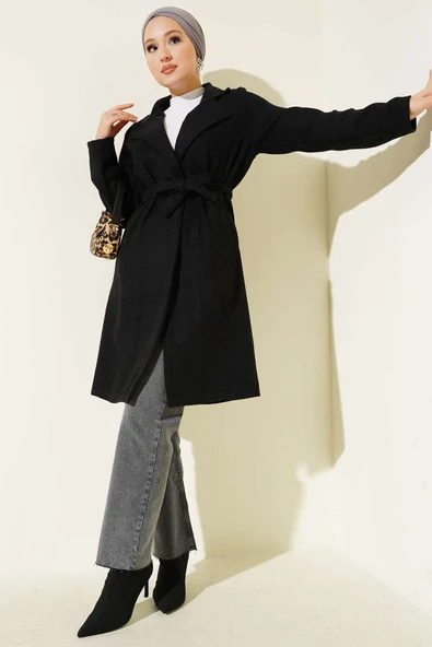 Kruvaze Yaka Belden Kuşaklı Kaban Siyah ürün görseli 1