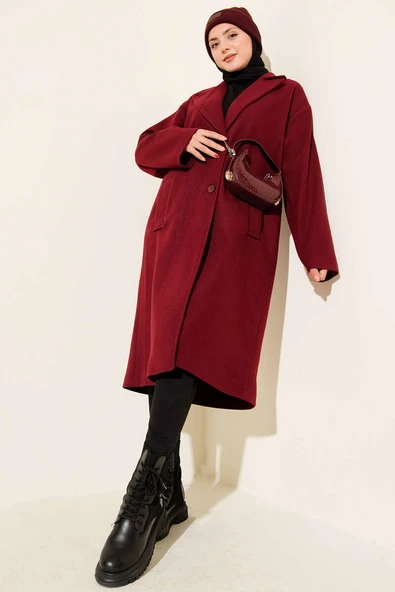 Kruvaze Yaka İki Düğmeli Detaylı Kaşe Kaban Bordo - Resim 2