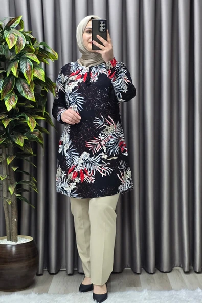 Kadın Tesettür Giyim Büyük Beden Palmiye Desen Tunik - Resim 8