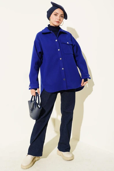 Çıtçıt Düğmeli Gömlek Yaka Kaşe Ceket Saks - 2