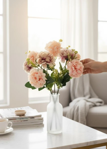 Yapay Çiçek Kartopu Krizantem Pudra Pembe 5Dallı 10toplu Demet 30cm - Resim 8