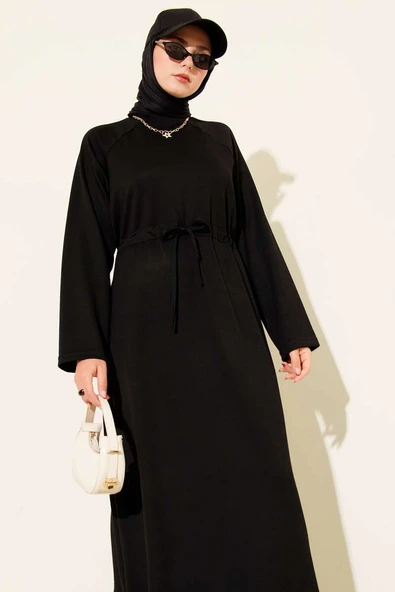 Bisiklet Yaka Bel Tünelli Loyşa Elbise Siyah - Resim 2