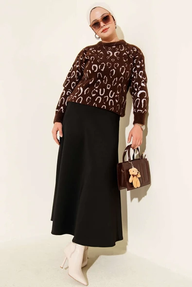 Leopar Desenli Sakallı Kazak Kahve Ekru - Resim 2