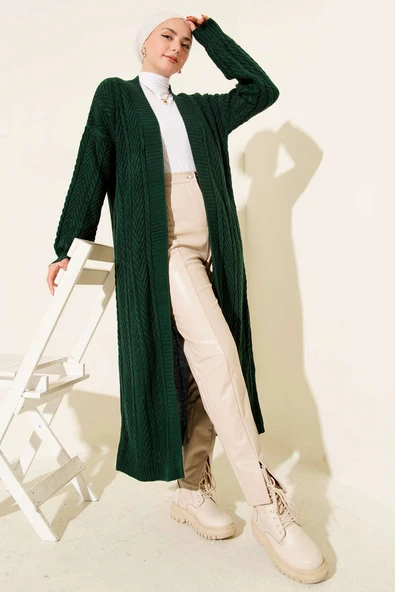 Örgü Büzgülü Uzun Triko Hırka Zümrüt Yeşili ürün görseli