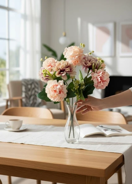 Yapay Çiçek Kartopu Krizantem Pudra Pembe 5Dallı 10toplu Demet 30cm - Resim 5