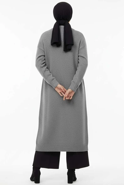 Şal Yaka Uzun Triko Hırka Gri - Resim 3