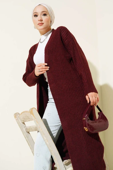 Salaş Fitilli Uzun Hırka Bordo - Resim 2