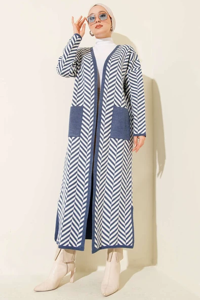 Zikzak Çizgili Desenli Uzun Triko Hırka İndigo - Resim 2
