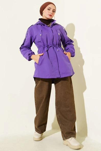 Bel Tünelli Kapüşonlu Trençkot Mor - Resim 2